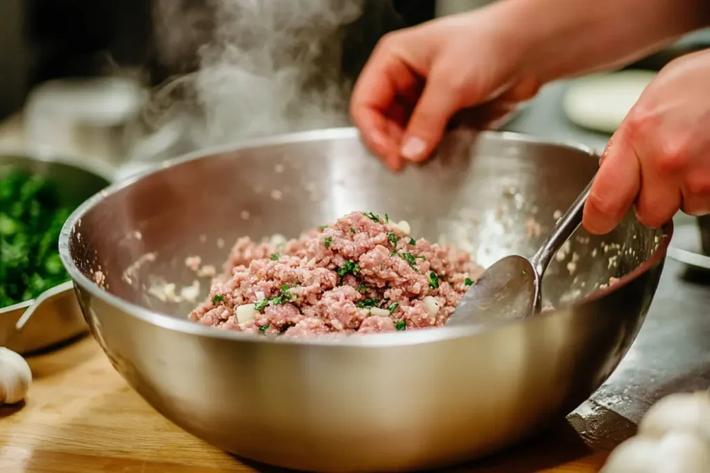 Ground pork and beef being seasoned in a large mixing bowl