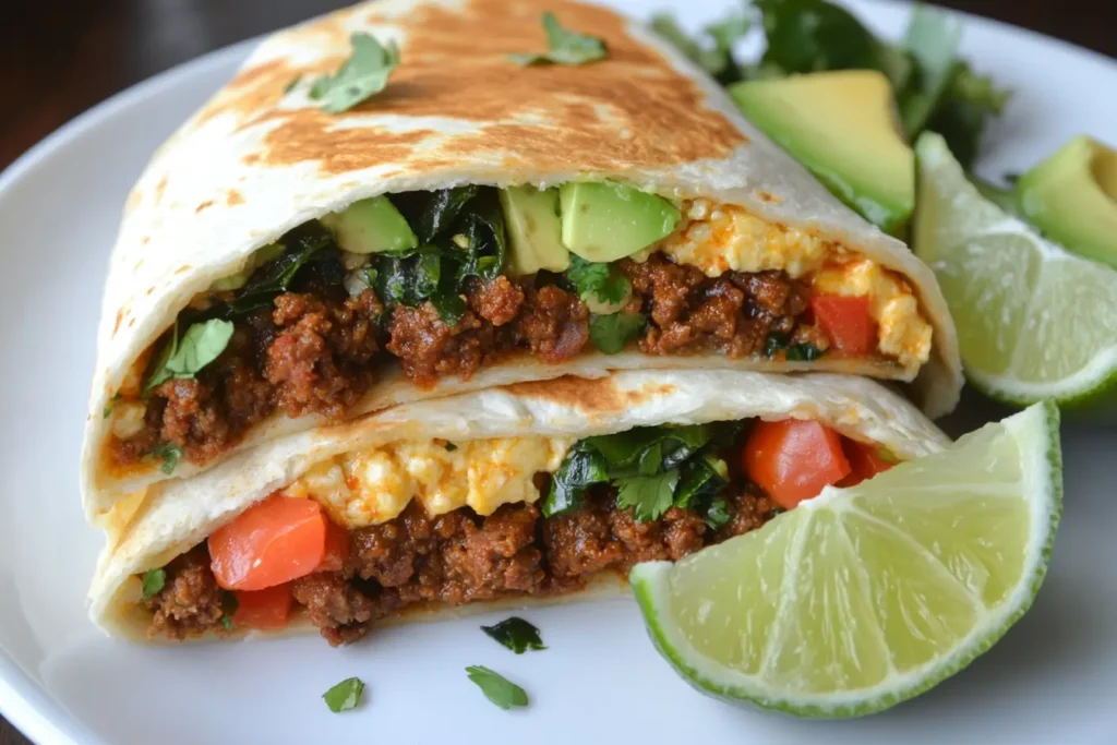 A plated chorizo burrito with fresh garnishes.