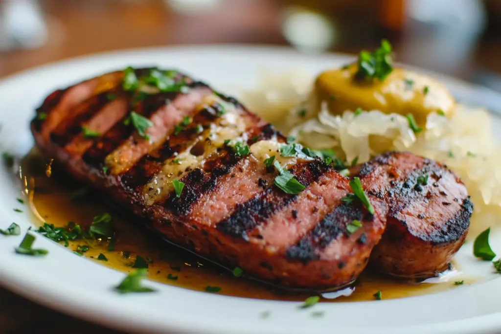Grilled kielbasa slices served with mustard and sauerkraut