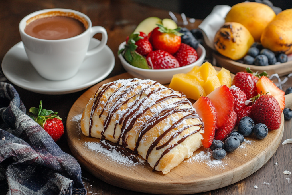 Pandebono with hot chocolate and fruit on a table.