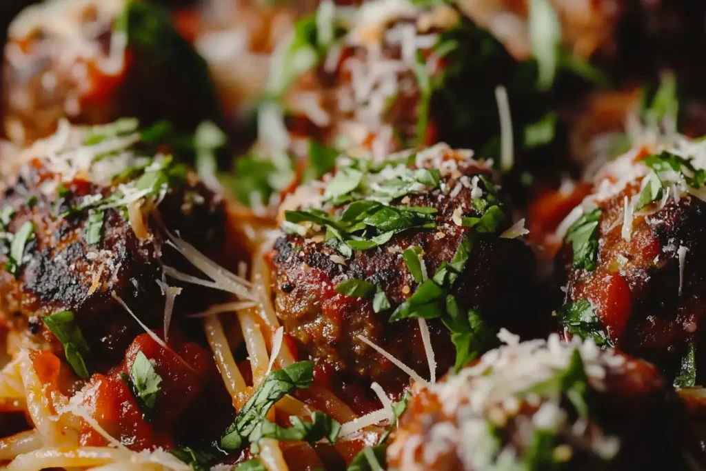 Spaghetti and meatballs on a white plate