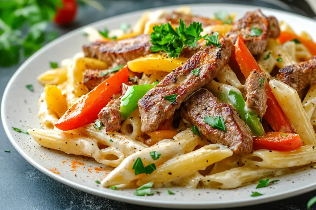 Spicy Cajun pasta with steak and bell peppers