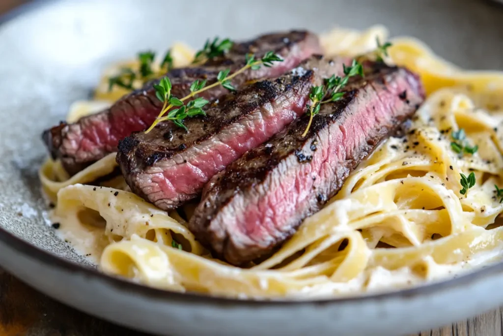A vibrant plate of steak and pasta garnished with fresh herbs