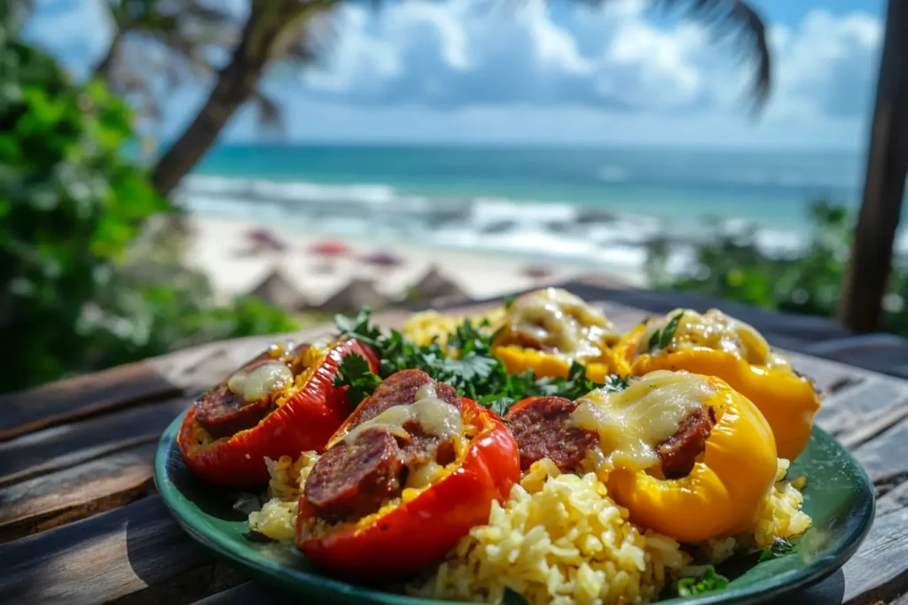 Stuffed bell peppers filled with kielbasa, rice, and cheese