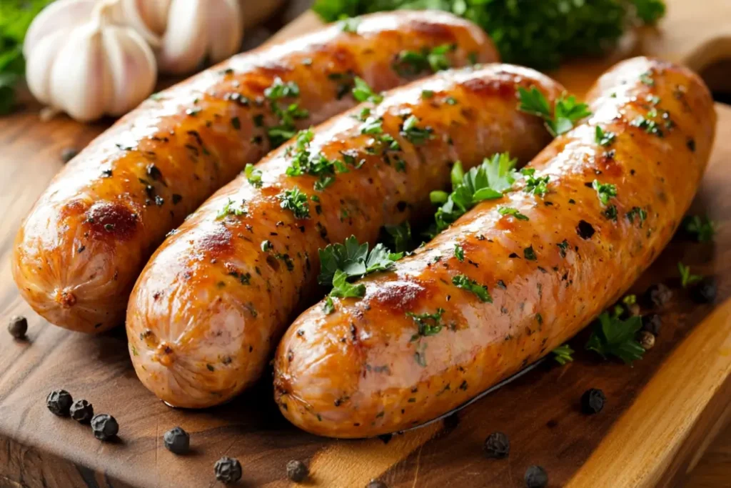 A traditional Polish kielbasa sausage on a wooden cutting board with herbs and spices.