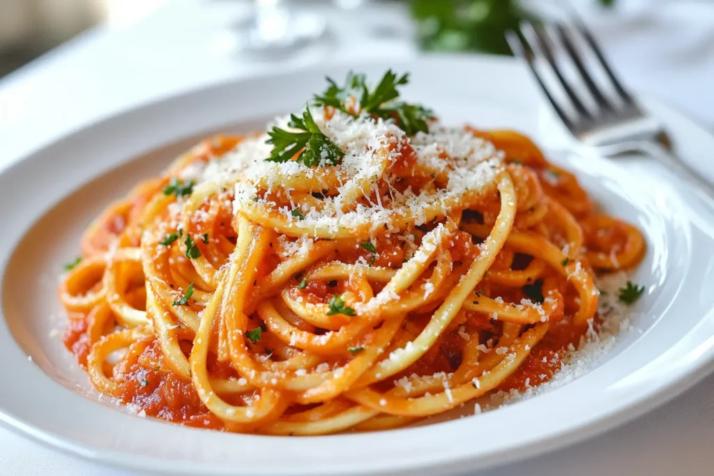 Zucchini noodles served with marinara sauce and grated Parmesan cheese