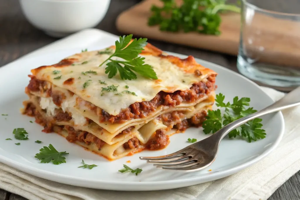 A slice of cheesy lasagna served on a white plate