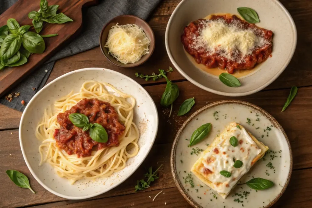 A table set with Spaghetti Bolognese, Fettuccine Alfredo, and Lasagna