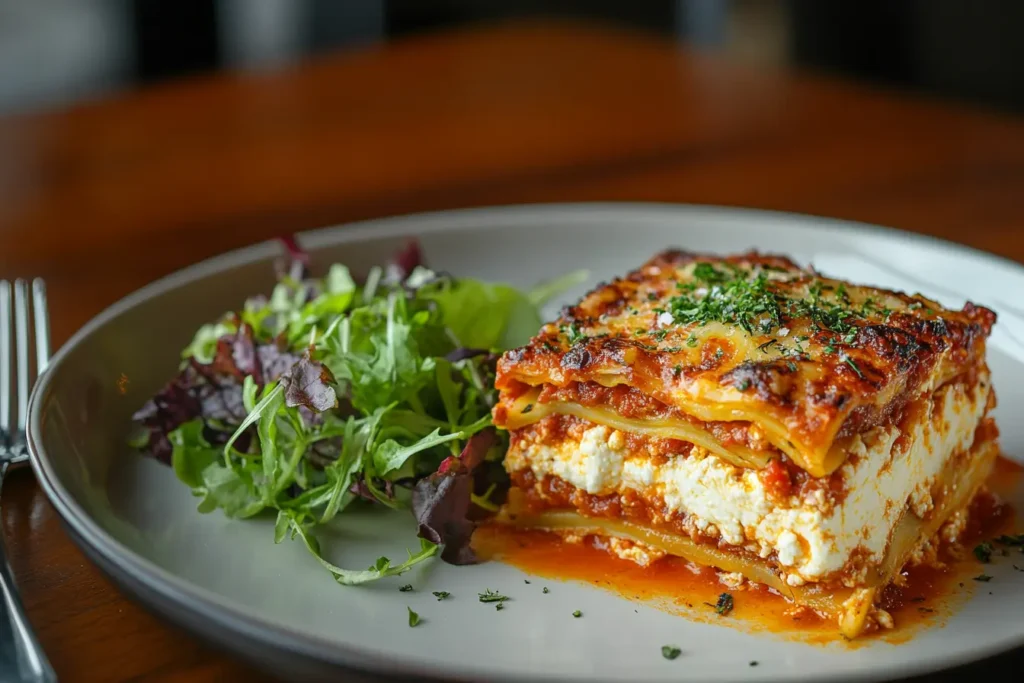 A slice of traditional lasagna on a plate with a side of salad
