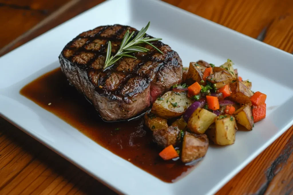 Argentinian steak with chimichurri sauce and roasted potatoes