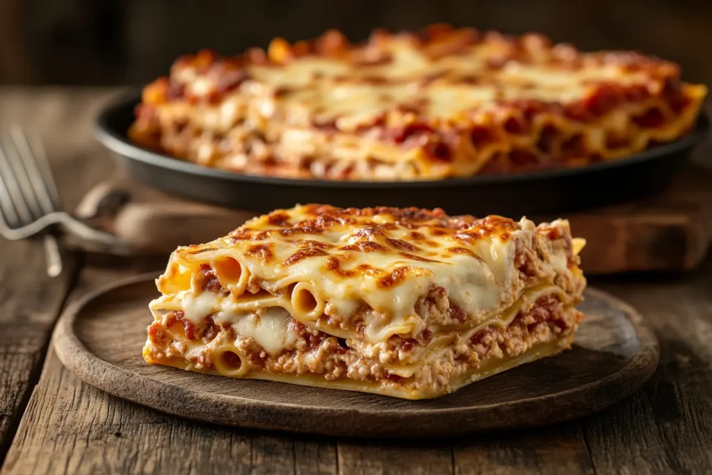 A side-by-side view of baked ziti and lasagna on a dining table