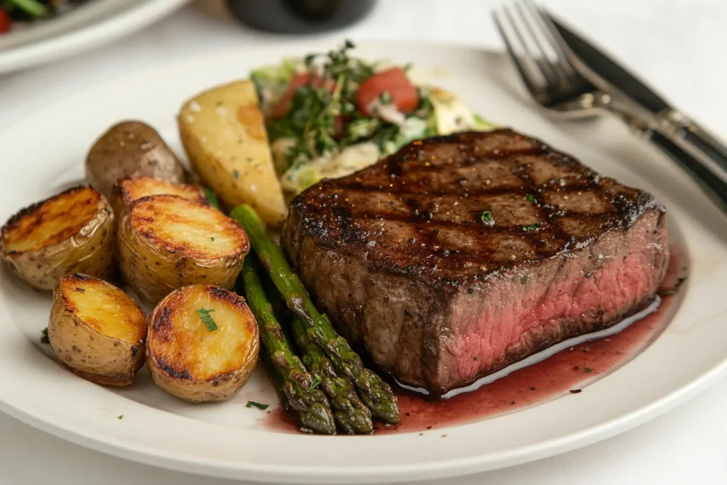 A perfectly cooked steak with roasted potatoes on a plate surrounded by fresh vegetables
