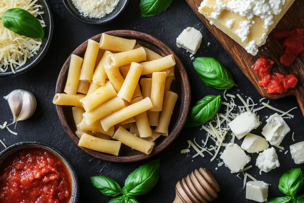 All the ingredients for meatless baked ziti laid out on a countertop
