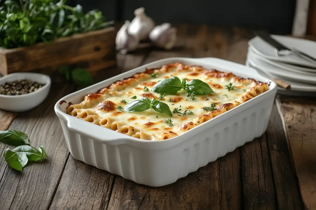 A freshly baked meatless baked ziti in a casserole dish, topped with melted cheese and fresh basil