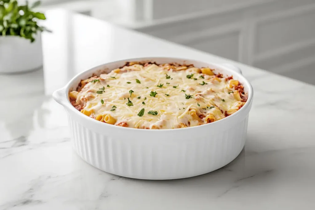 Assembled baked ziti topped with mozzarella and Parmesan cheese, ready to go into the oven