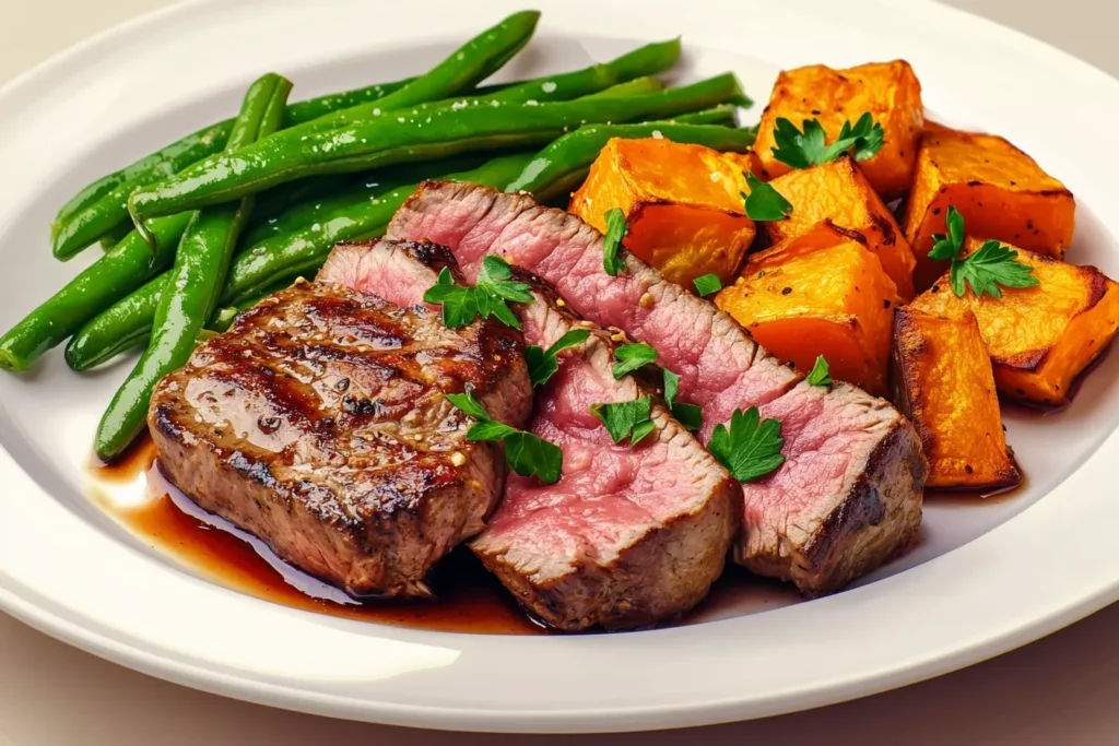 A plate of steak with sweet potatoes and sautéed green beans