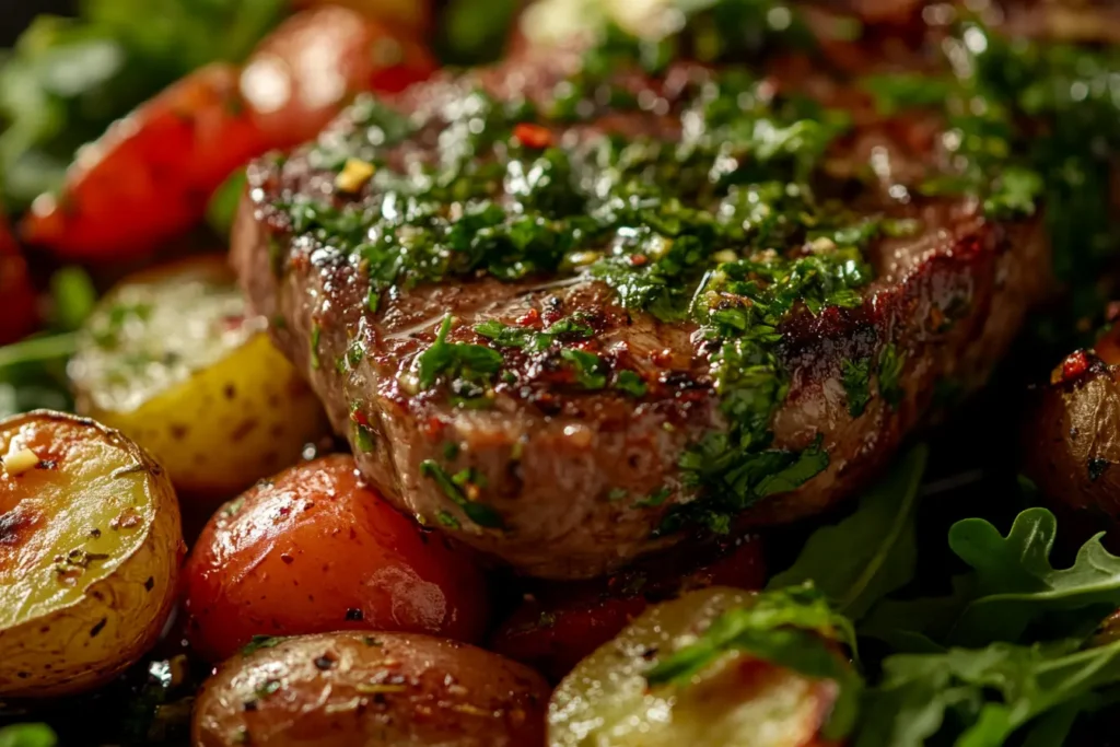 Chimichurri sauce drizzled over a steak