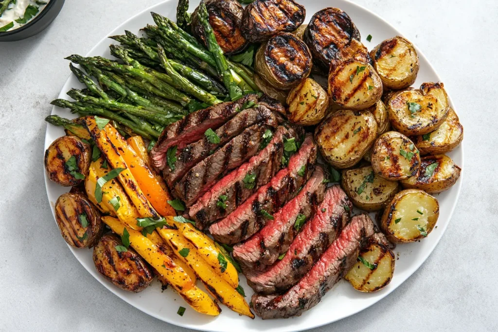 Grilled vegetables served alongside steak and potatoes