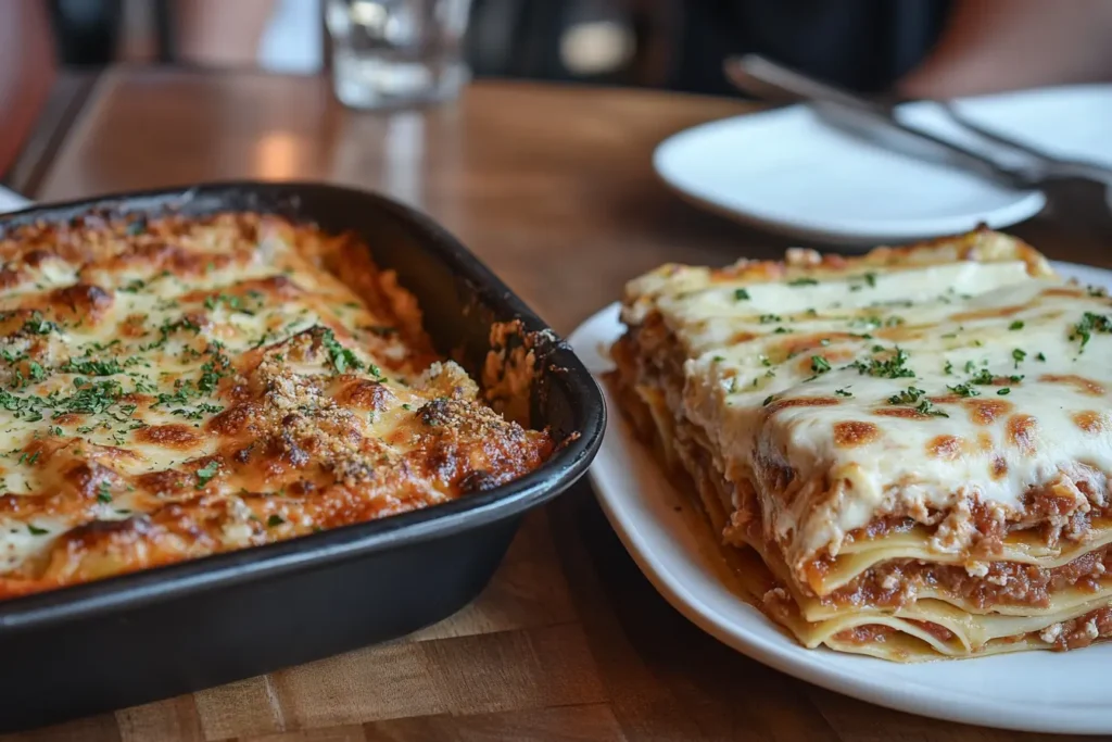 Side-by-side comparison of baked ziti and lasagna being served