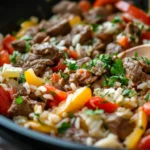 A hearty one-pan beef and rice skillet with vegetables.