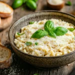 A bowl of pastina with fresh basil and Parmesan, served with bread