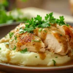 Homemade chicken and gravy served over mashed potatoes with parsley garnish.