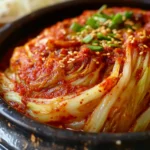 A bowl of homemade Korean kimchi made with napa cabbage.