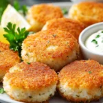 Lion’s Mane mushroom crab cakes served with lemon and sauce.