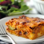 A plate of cowboy casserole served with a side salad.